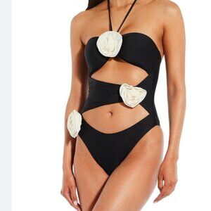 Gianni Bini Solid Rosette Asymmetrical Ruched Cut-Out One Piece Swimsuit - Sz XL